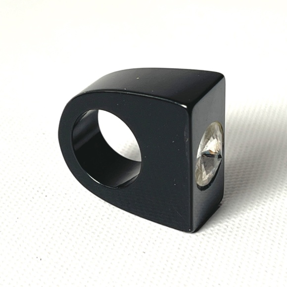 Vintage Size 4.25 Lucite Black Ring Rectangular Flat Top Rhinestone Geometric - Picture 11 of 14